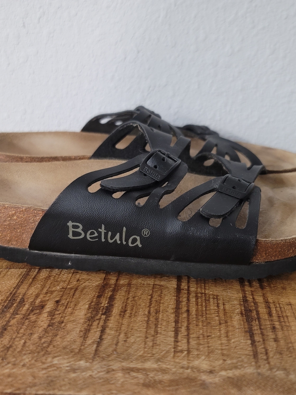 Betula Black Leather Slide Sandals
